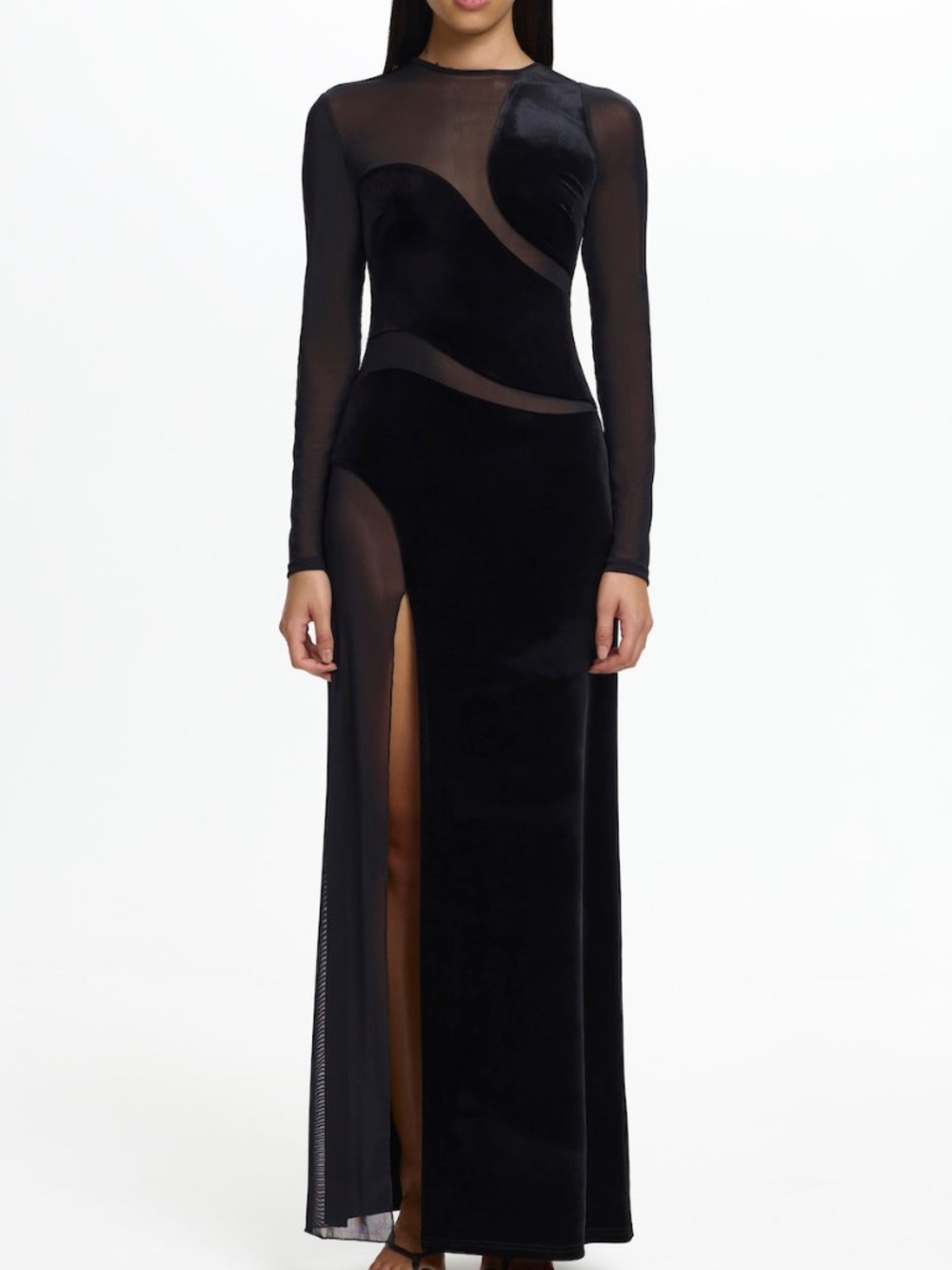 Significant Other Sigrid Black Velvet Sheer Mesh Long Sleeve Dress Gown - US 4